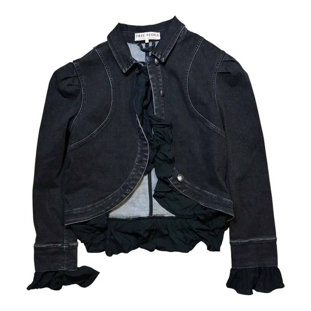 Free People Suki Denim Flare Opera Button Up Fashion Jacket Women’s M Black